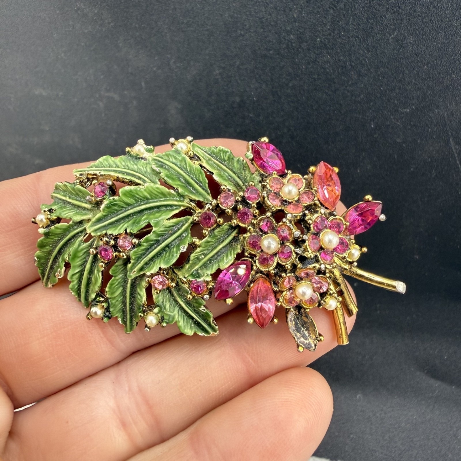 Vintage Hollycraft Brooch Gold Tone Enamel Pink Rhinestone Flower Read